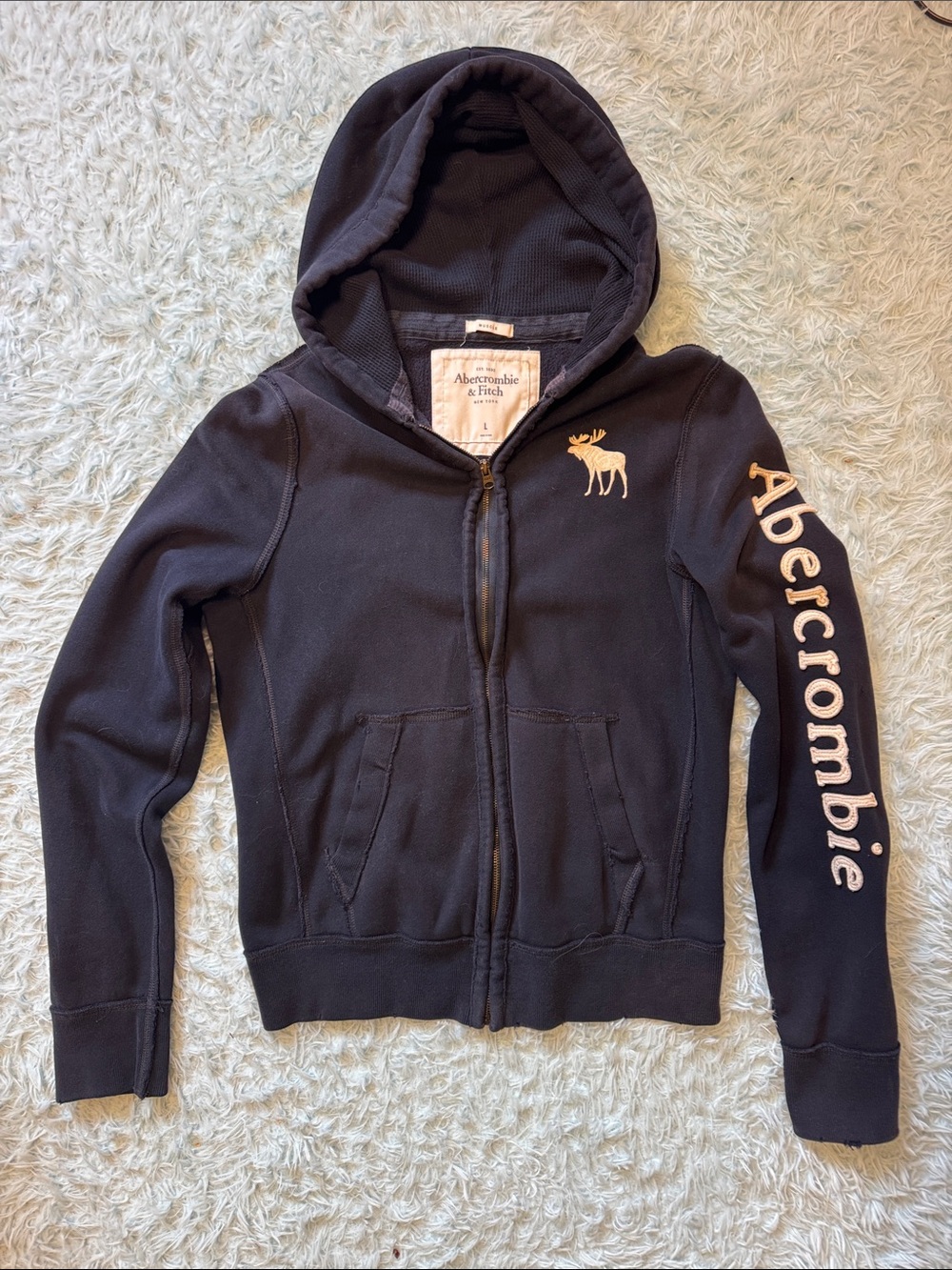 Abercrombie & Fitch Navy Zip Hoodie with Cream Logo Mens large.